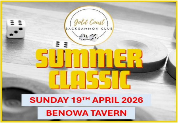 Advertisement for backgammon tournament featuring dice and checkers